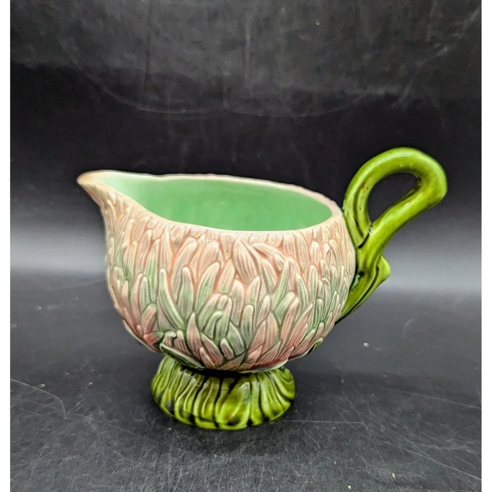 Vintage Majolica Water Lilly Floral Sauce Boat Creamer W Handle 3